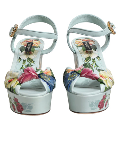 Dolce & Gabbana Green Floral Ankle Strap Wedge Sandals Shoes