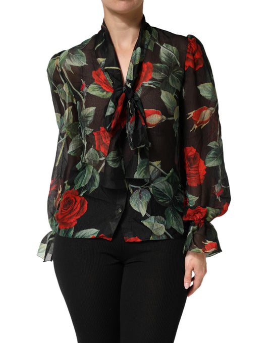 Dolce & Gabbana Black Floral Long Sleeves Silk Blouse Top