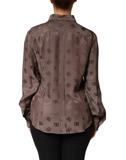 قميص دولتشي آند غابانا بني بأكمام طويلة وياقة وشعار