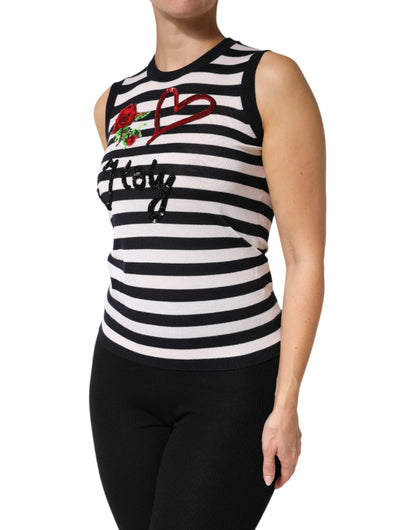 بلوزة دولتشي آند غابانا بدون أكمام من الحرير الكشمير باللونين الأبيض والأسود