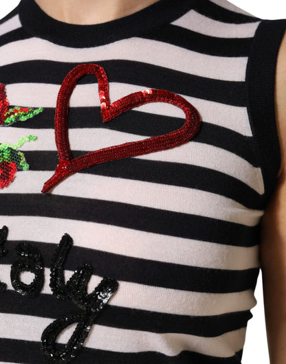 بلوزة دولتشي آند غابانا بدون أكمام من الحرير الكشمير باللونين الأبيض والأسود