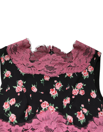 Dolce & Gabbana Black Pink Floral Lace Silk Sheath Dress
