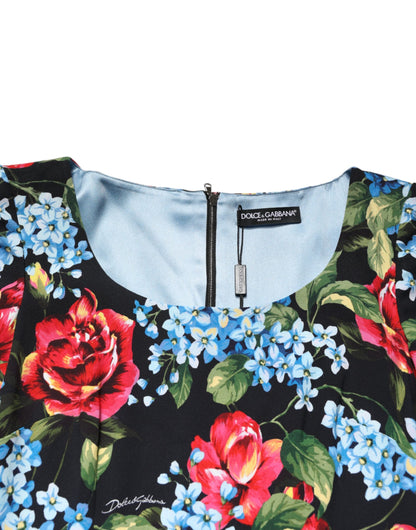 فستان دولتشي آند غابانا أسود بطبعة زهور من الفيسكوز متوسط ​​الطول