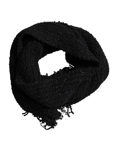 Dolce & Gabbana Black Wool Fringes Neck Wrap Foulard Scarf