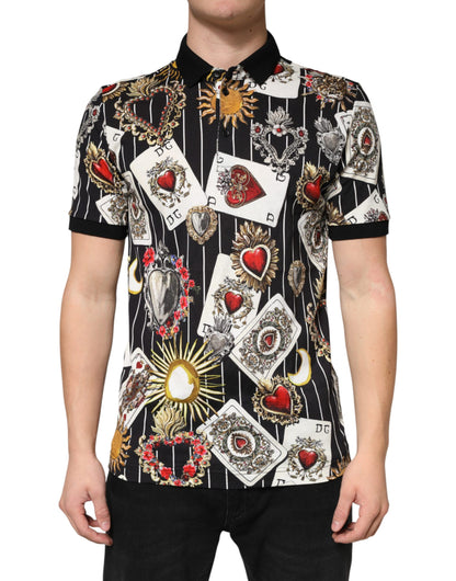 Dolce & Gabbana Black Card Heart Print Cotton Polo T-shirt