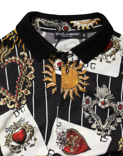 Dolce & Gabbana Black Card Heart Print Cotton Polo T-shirt