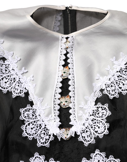 Dolce & Gabbana Black White Silk Macrame Lace Midi Dress