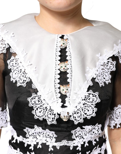 Dolce & Gabbana Black White Silk Macrame Lace Midi Dress