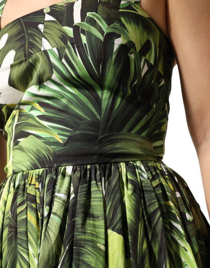 Dolce & Gabbana Green Leaves Print Cotton Halter Midi Dress