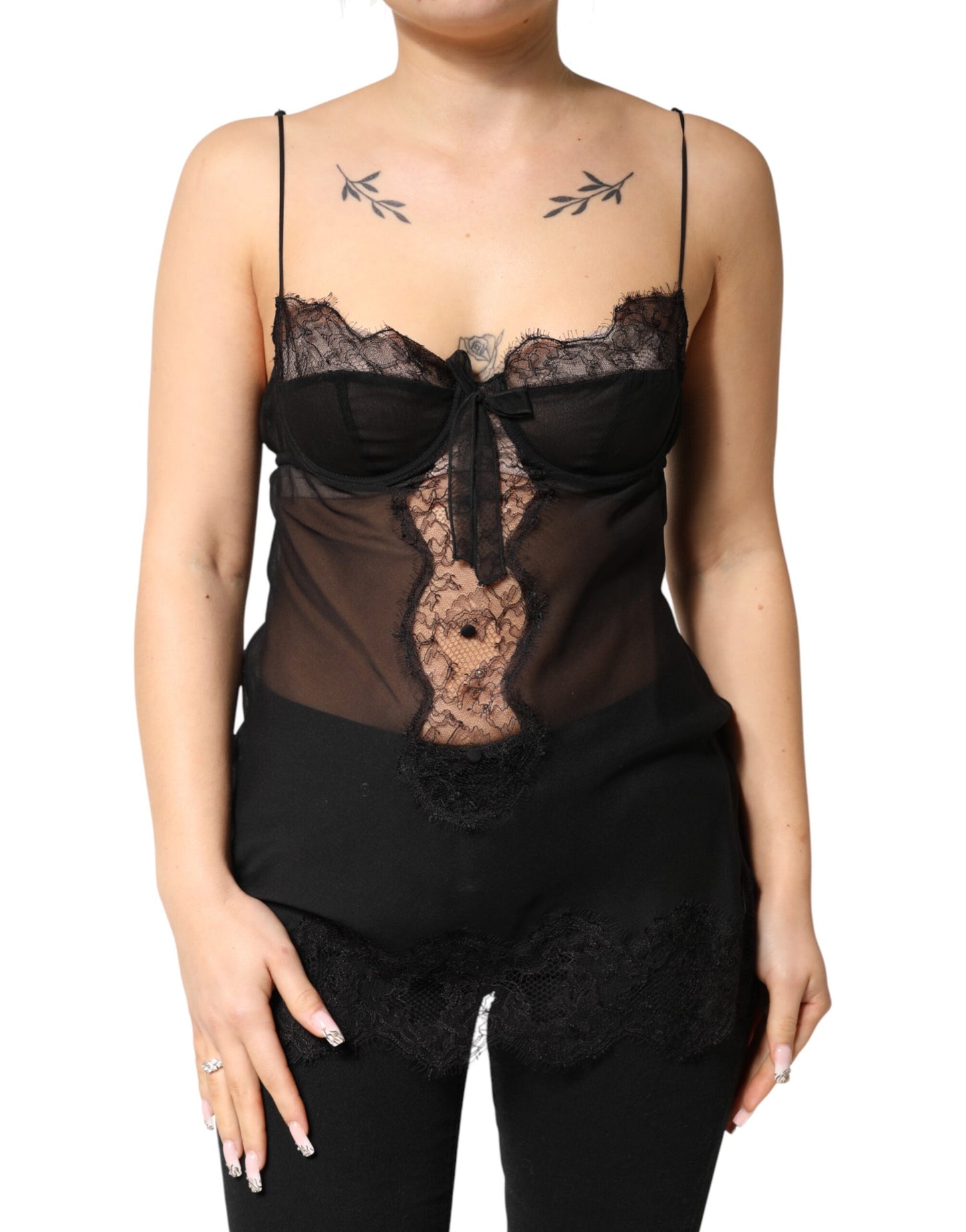 Dolce & Gabbana Black Silk Floral Lace Chemise Lingerie Top