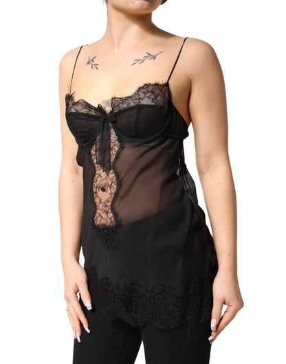 Dolce & Gabbana Black Silk Floral Lace Chemise Lingerie Top