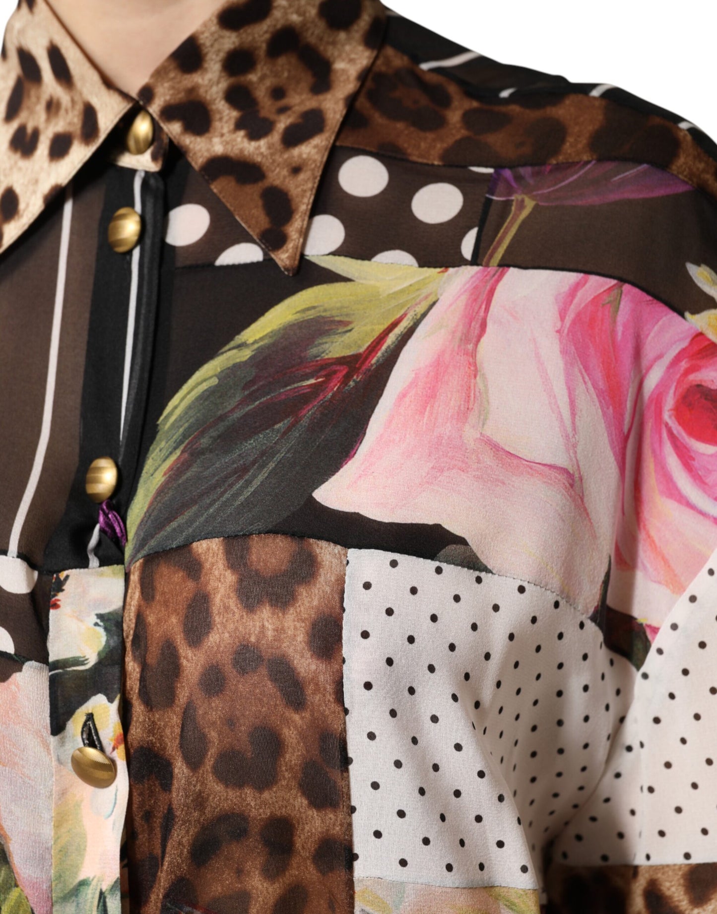 Dolce & Gabbana Multicolor Patchwork Silk CollaredBlouse Top