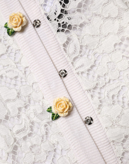 Dolce & Gabbana Cream Lace Knit Rose Button Cardigan Sweater