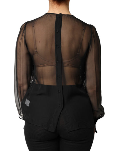 Dolce & Gabbana Black Silk Sheer Ruffle Tie-Neck Blouse Top