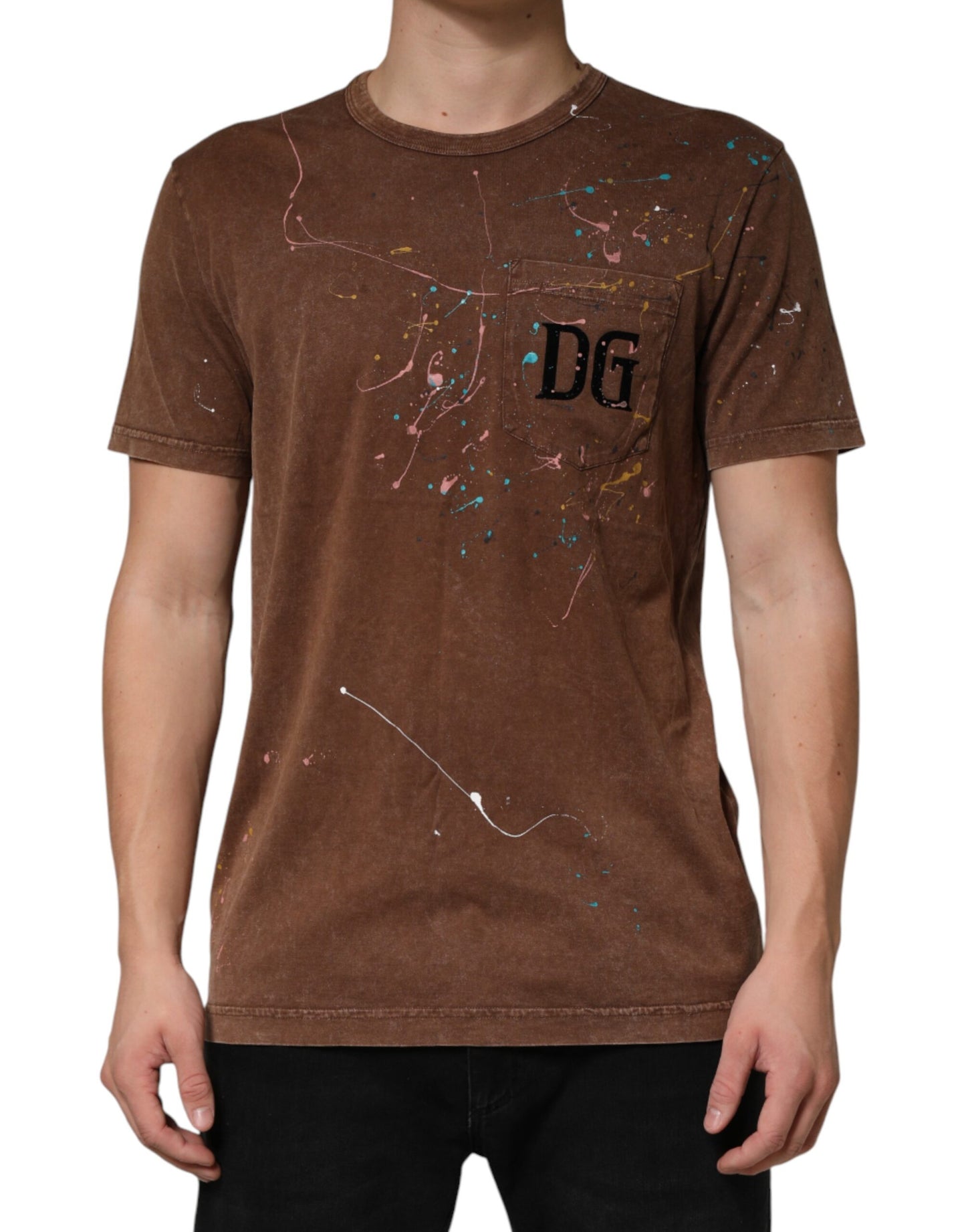 Dolce & Gabbana Brown Splash Color Cotton Crew Neck T-shirt